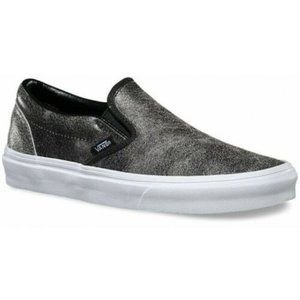 Vans Classic Slip On (Cracked Leather) Black White Womens Shoes